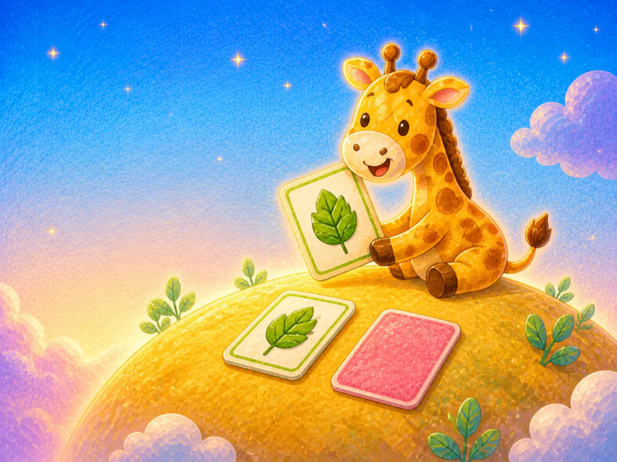 A friendly giraffe finds a matching pair of leaf picture cards