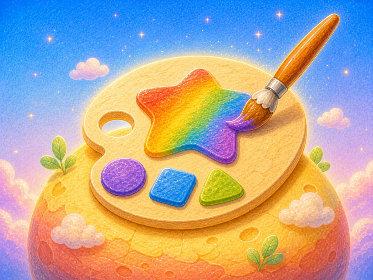 A paintbrush fills a large star with rainbow colors beside simple shapes