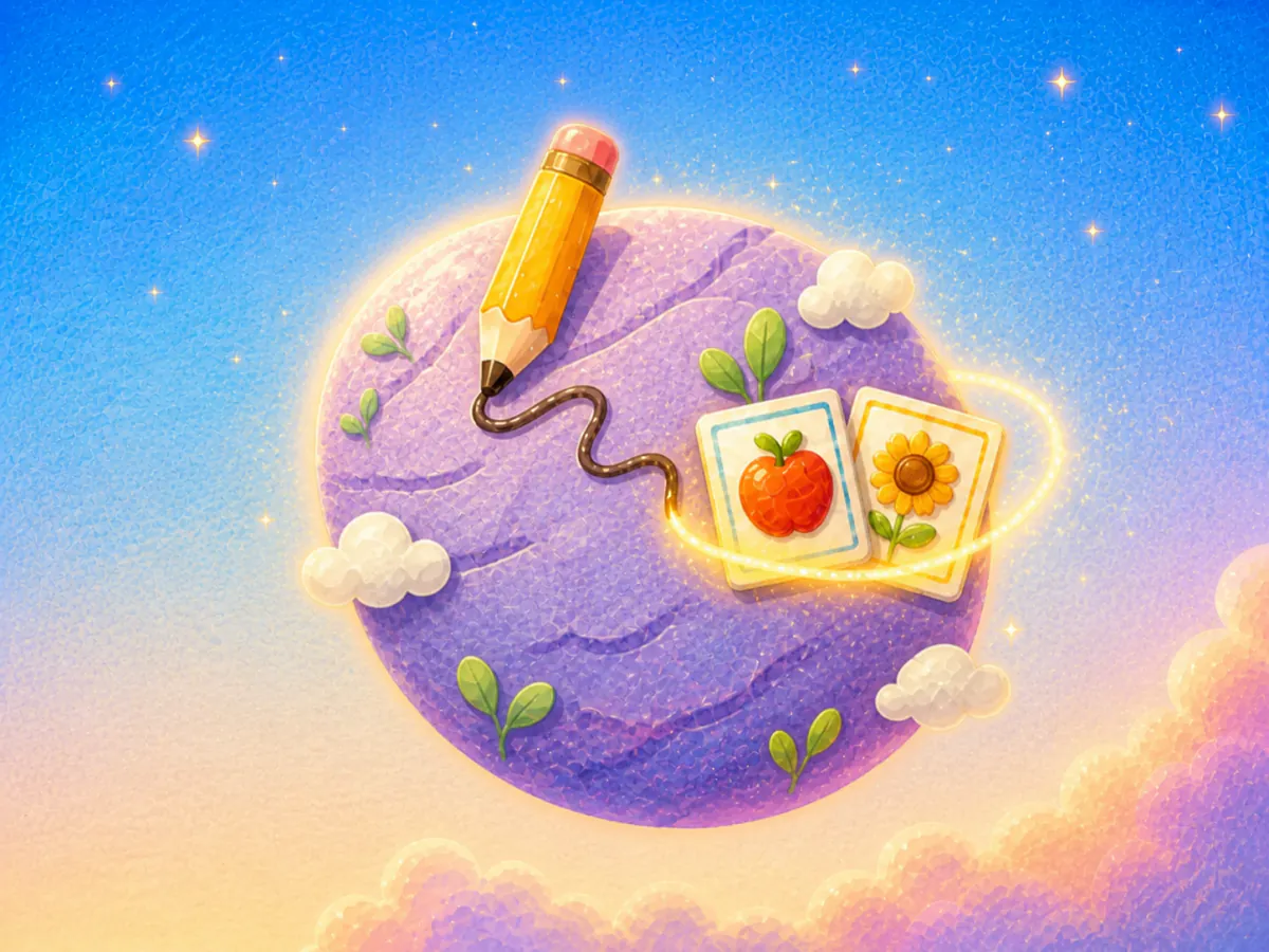 A crayon pencil traces a path beside apple and sunflower picture cards