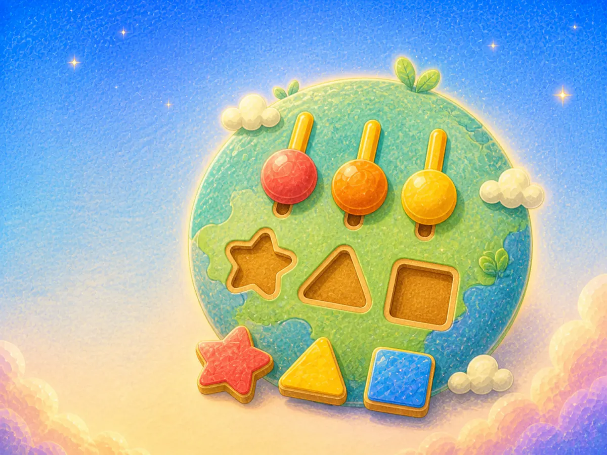 Three colorful counters and matching shape puzzle pieces on a learning planet